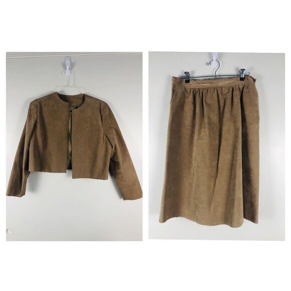 Vintage Homemade Skirt Suit Womens Sz M 2Pc Set Jacket & Skirt Camel Faux Suede* - Picture 1 of 15